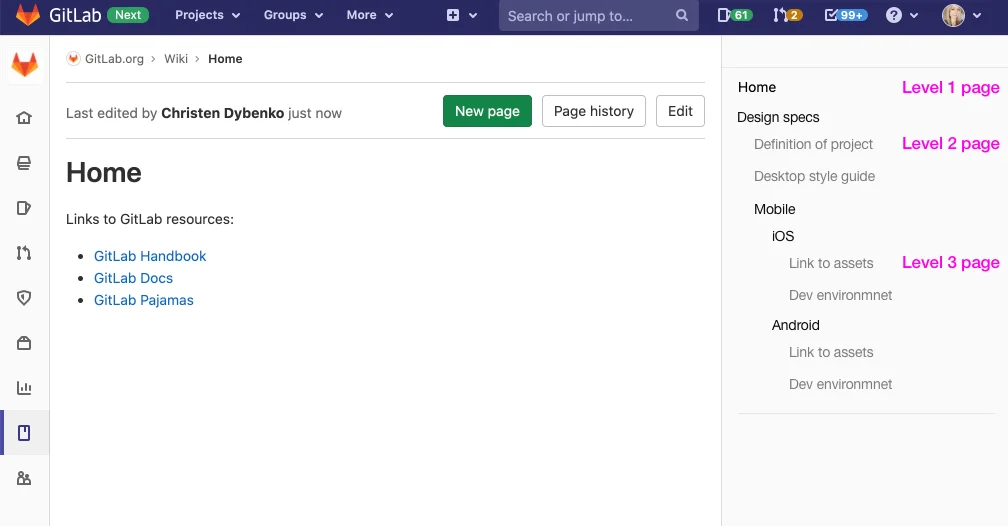 Nouvelle présentation de la navigation dans un wiki - GitLab 13.5